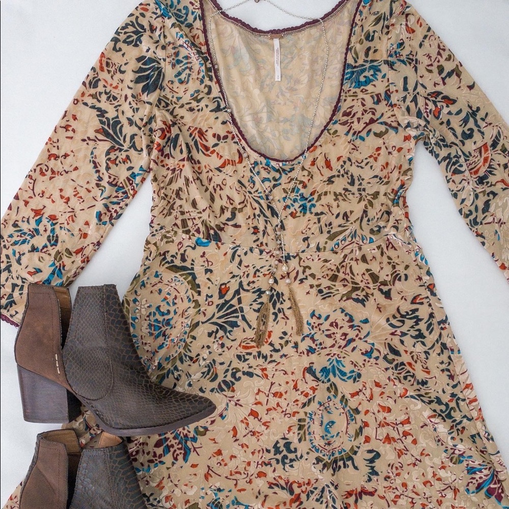Beige and Multi-Color Mini Dress with Velvet Design
